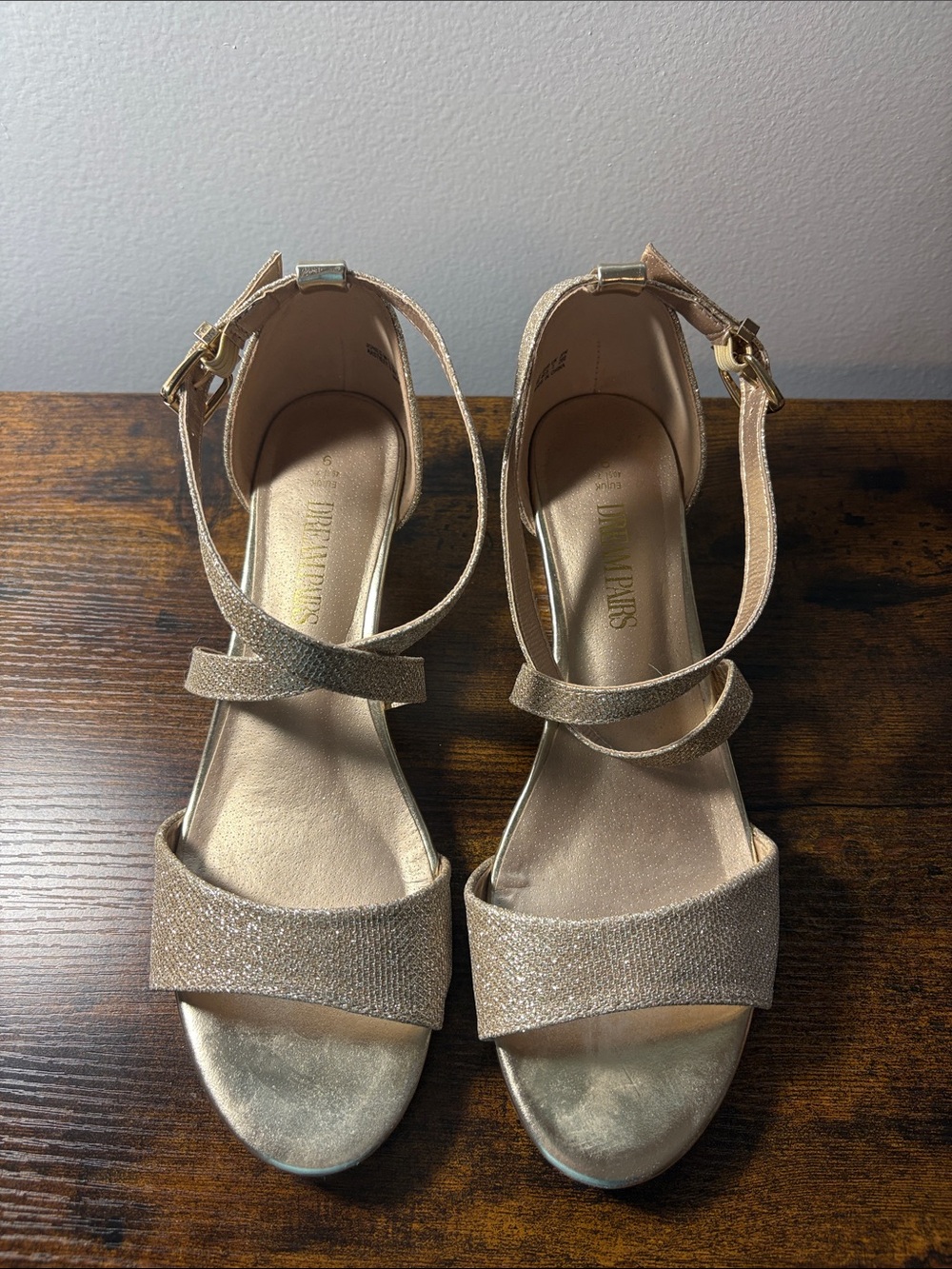 DreamPairs, Gold Glitter Strappy Heels,Sz9W